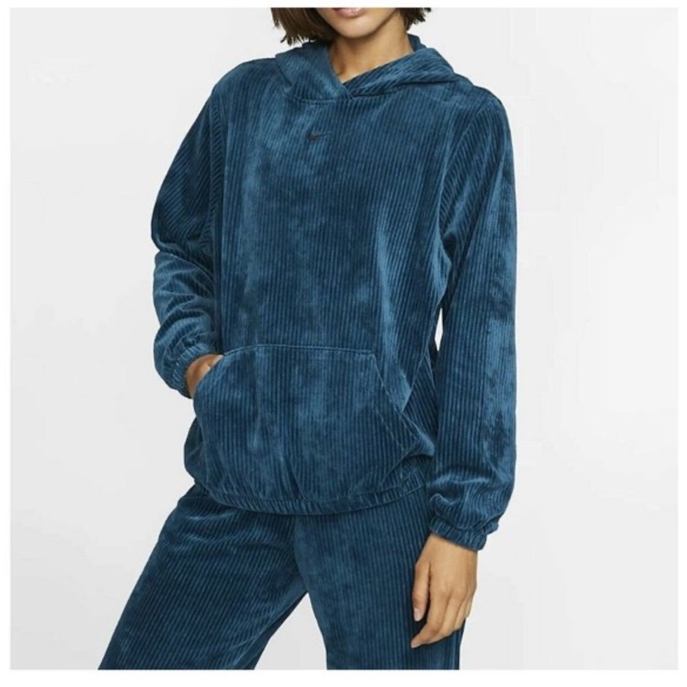 Nike Velvet ribbed velour hooded pullover Women’s XL Turquoise Blue  BV4468-347